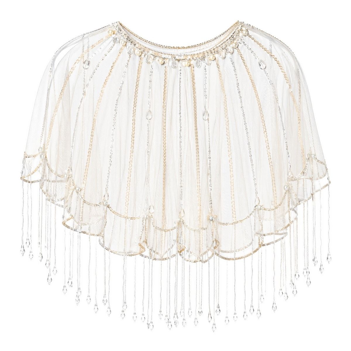 Cream Pearl Beaded Fringe Sheer Cape