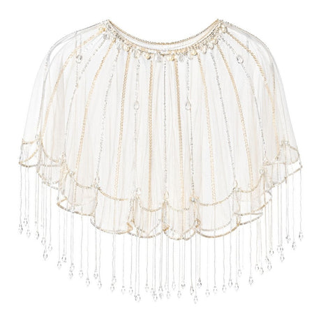 Cream Pearl Beaded Fringe Sheer Cape