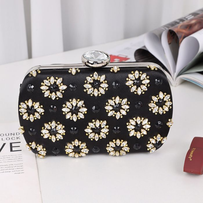 Crystal Flowers Black Clutch Bag