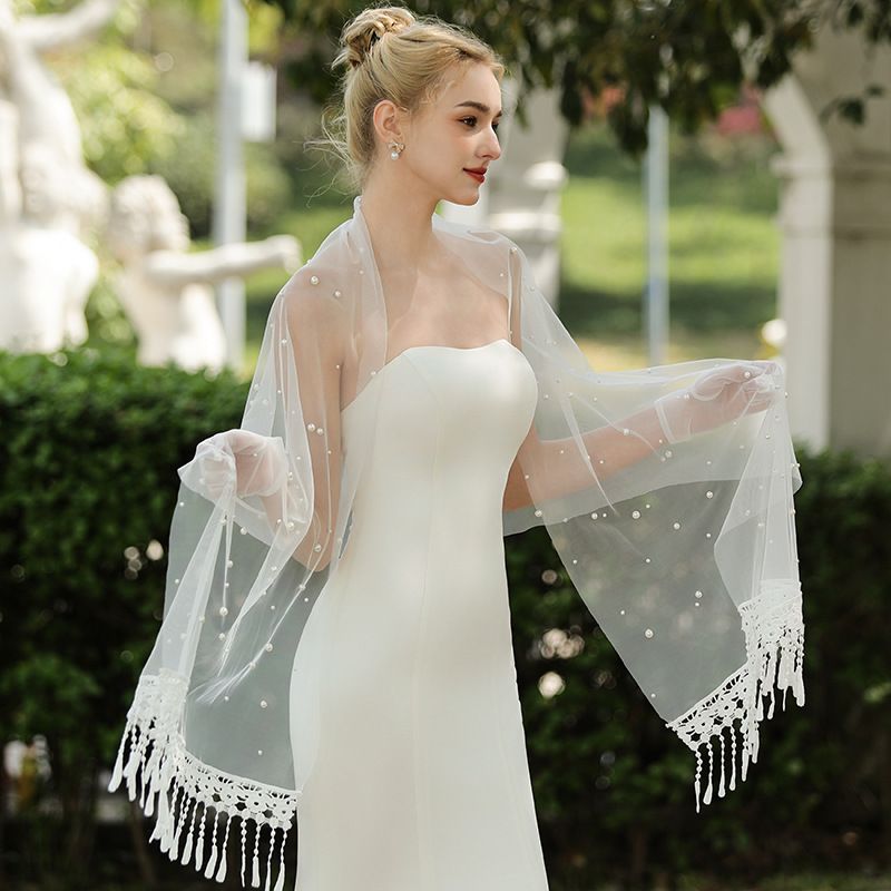 Pearl Embellished Bridal White Scarf