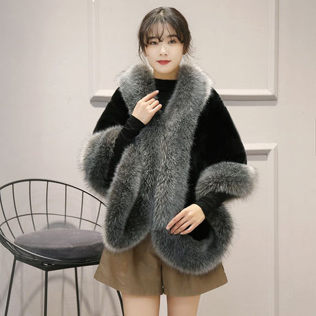 Black & Grey Faux Fur Poncho Wrap