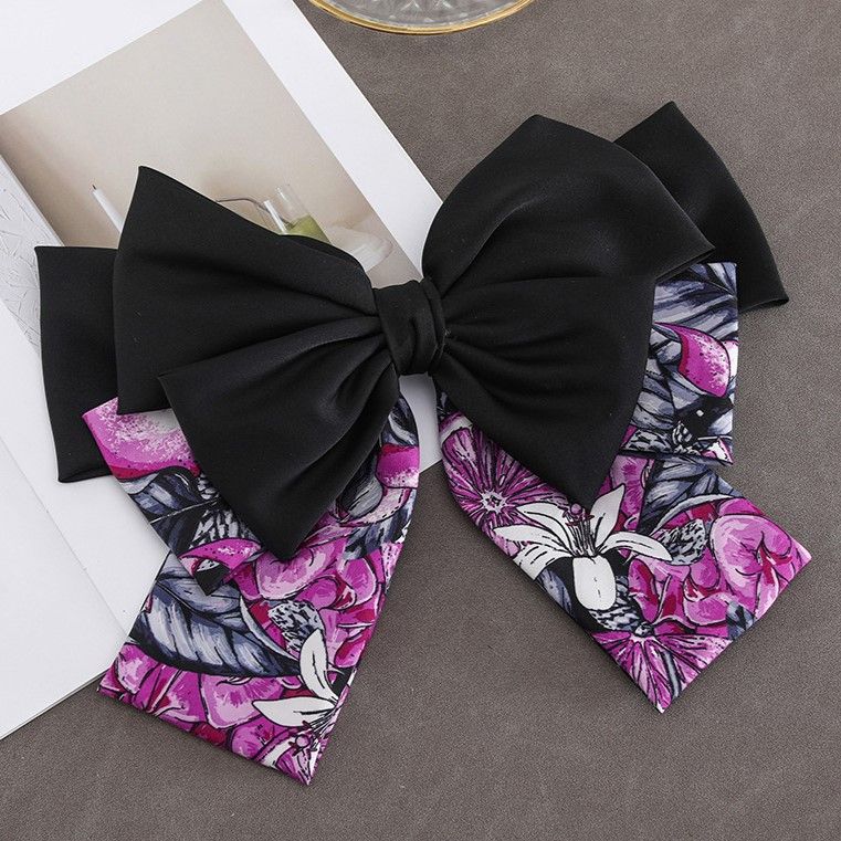 Large Pink & Black Floral Satin Hair Bow