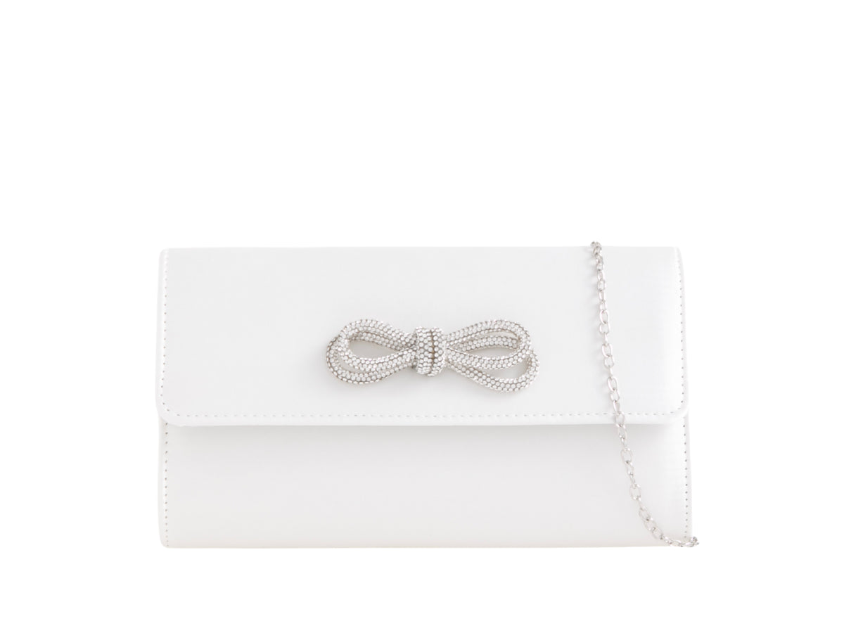 Ivory Satin Crystal Bow Clutch Bag