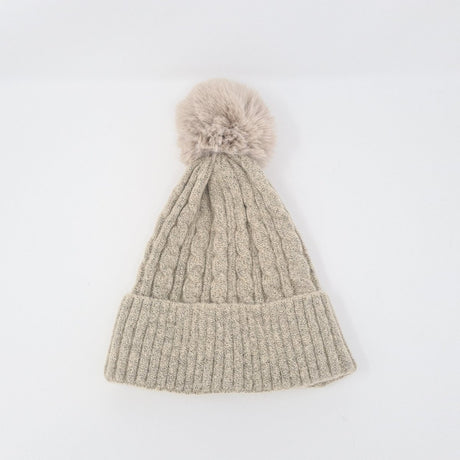 Beige Luxury Cable Knit Hat with Faux Fur Pom-Pom - Franklins