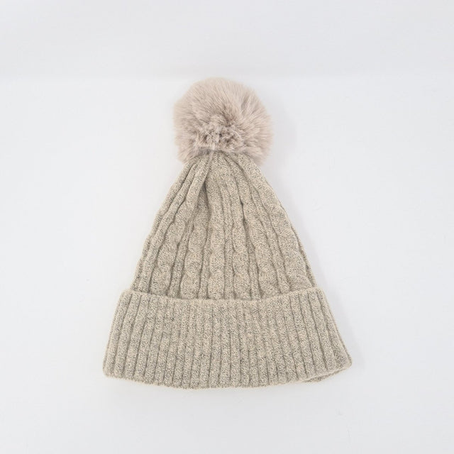 Beige Luxury Cable Knit Hat with Faux Fur Pom-Pom - Franklins