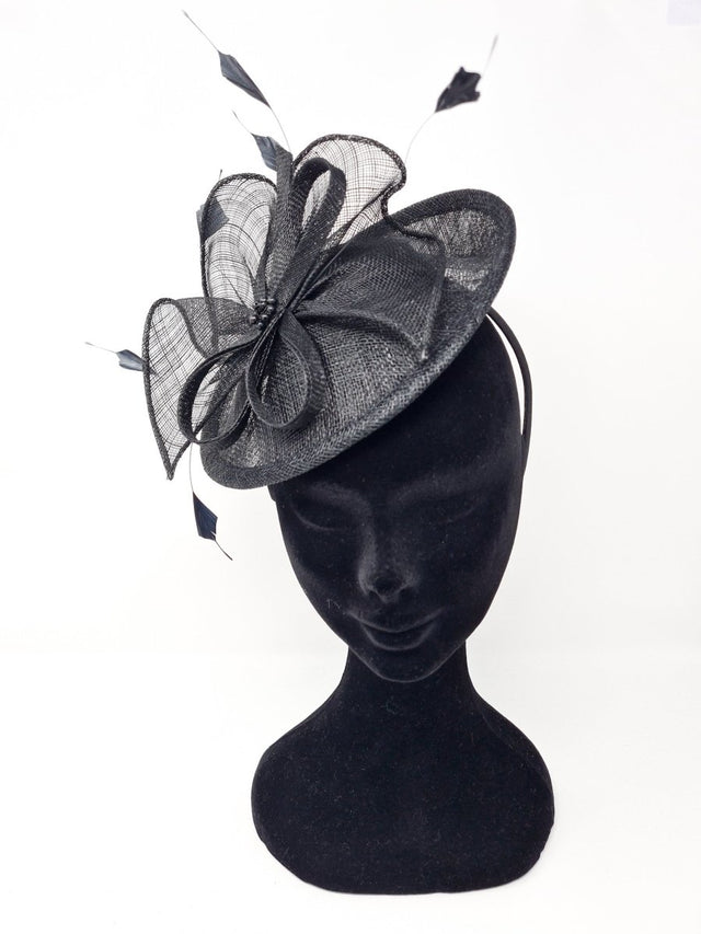 Black Feather & Bow Round Disc Fascinator - Franklins