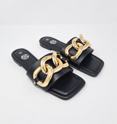 Black Gold Chunky Buckle Slip On Sandals - Franklins
