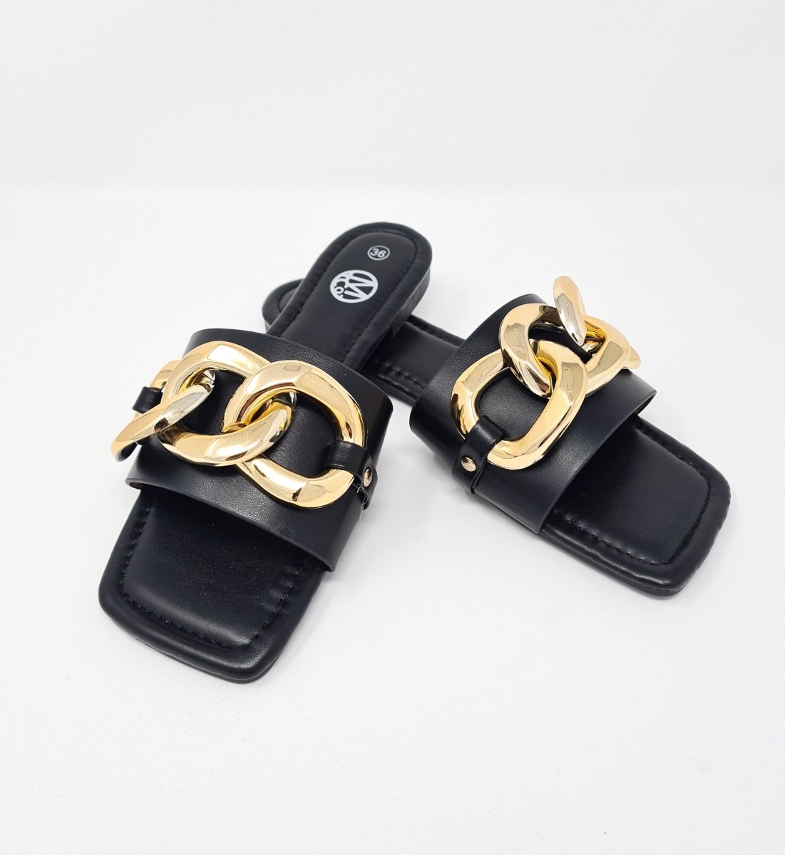 Black Gold Chunky Buckle Slip On Sandals - Franklins