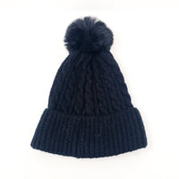 Black Luxury Cable Knit Hat with Faux Fur Pom-Pom - Franklins