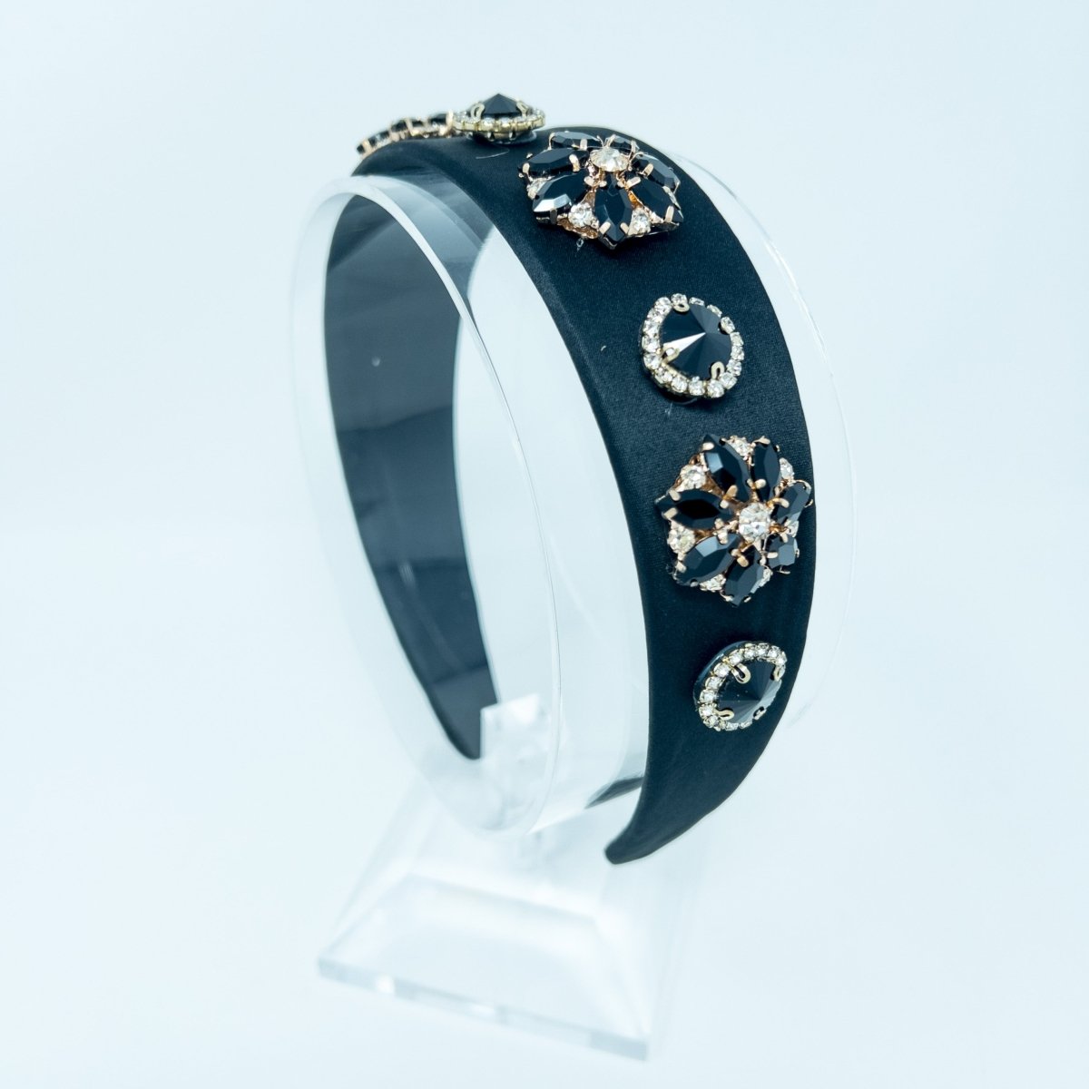 Black Satin Crystal Gold Studded Hairband - Franklins