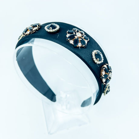 Black Satin Crystal Gold Studded Hairband - Franklins