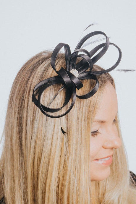 Black Satin Fascinator With Diamanté Flower - Franklins