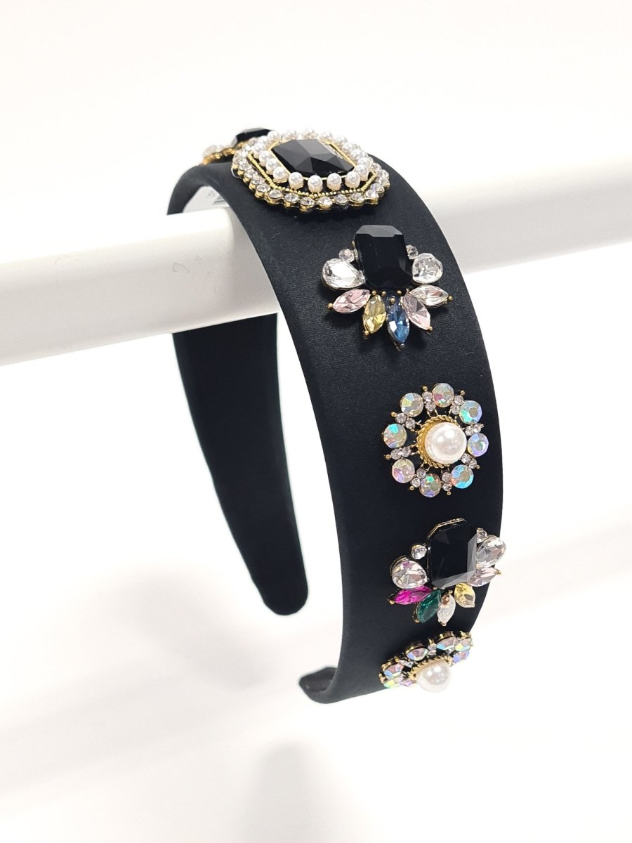 Black Satin Muti Colour Crystal & Pearl Hair Band - Franklins