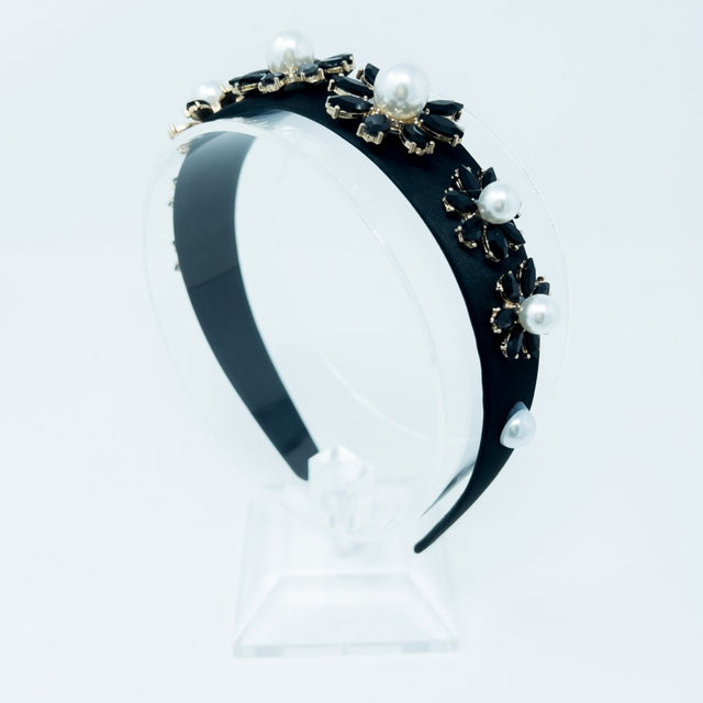 Black Satin Pearl Studded Hairband - Franklins