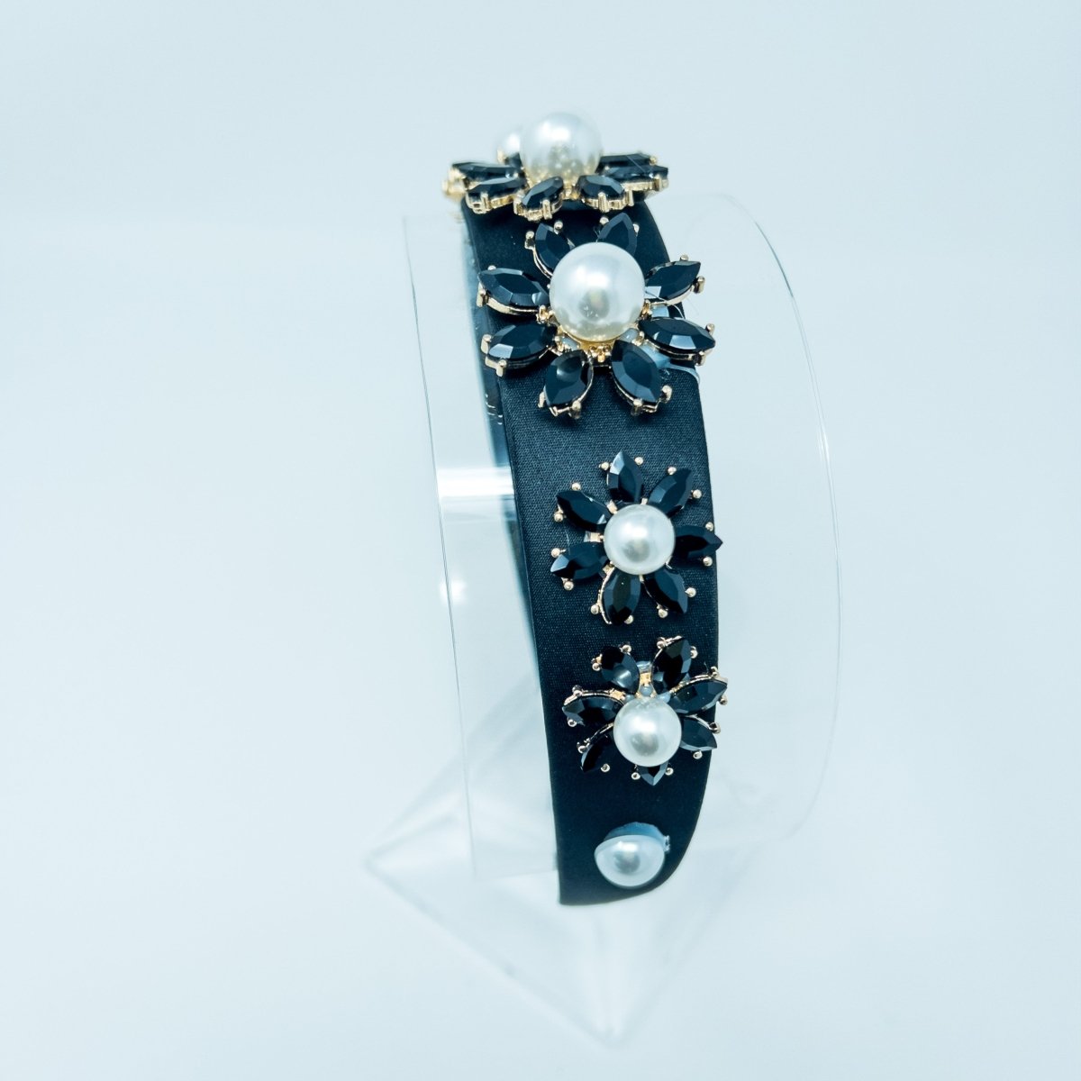 Black Satin Pearl Studded Hairband - Franklins