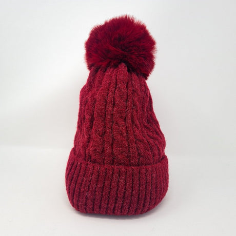 Burgundy Luxury Cable Knit Hat with Faux Fur Pom-Pom - Franklins