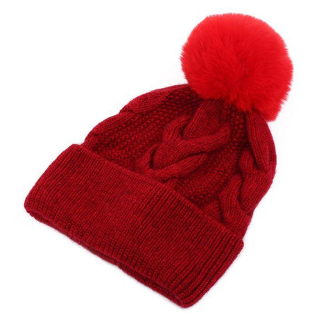 Cable Knit Red Pom Pom Hat - Franklins