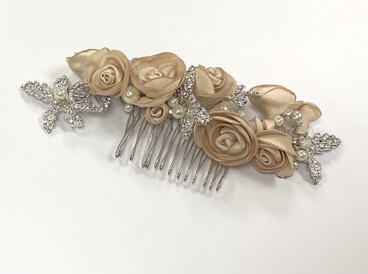 Champagne Flower Head Piece With Pearl & Rhinestone Detail - Franklins