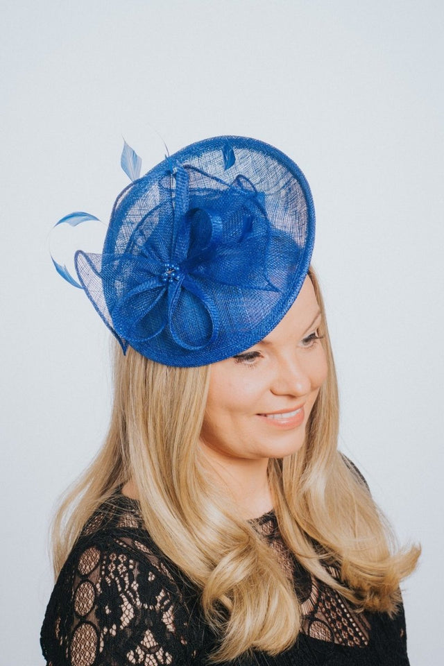 Cobalt Blue Feather & Bow Round Disc Fascinator - Franklins