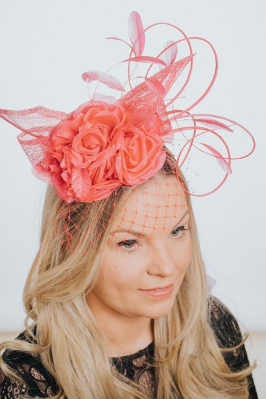 Coral Pink Flower Feather And Net Pillbox Style Fascinator - Franklins