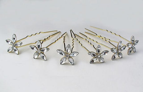 Crystal Flower Bud Diamanté Gold Hair Pins 6pcs - Franklins