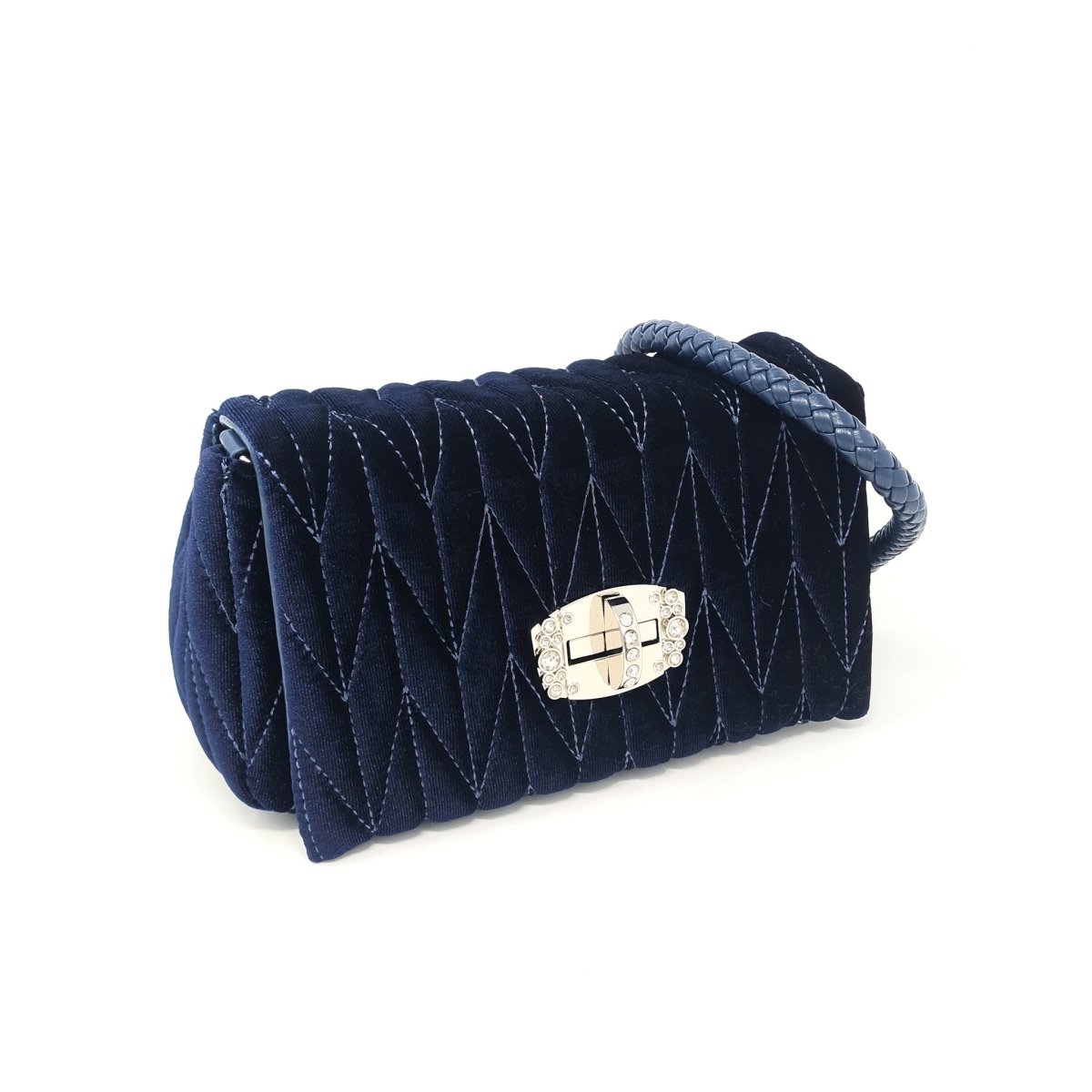 Deep Blue Velvet & Diamante Quilted Handbag - Franklins