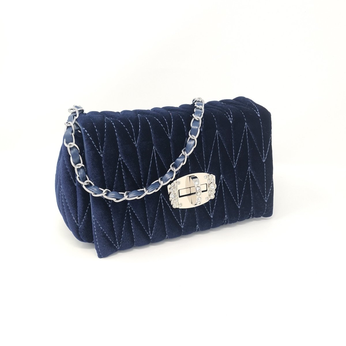 Deep Blue Velvet & Diamante Quilted Handbag - Franklins