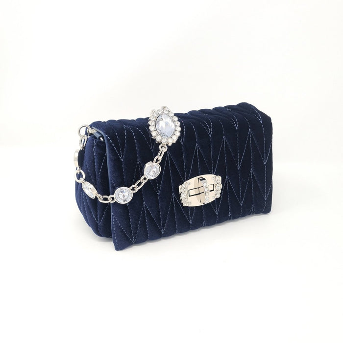 Deep Blue Velvet & Diamante Quilted Handbag - Franklins