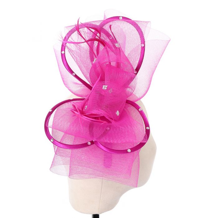 Fuchsia Pink Diamante Looped Feather Hairband Fascinator - Franklins