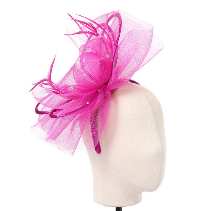 Fuchsia Pink Diamante Looped Feather Hairband Fascinator - Franklins