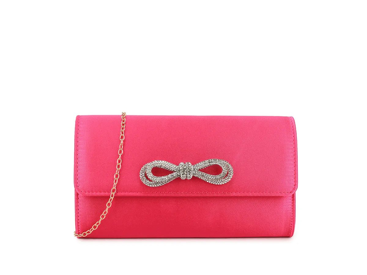 Fuchsia Pink Satin Crystal Bow Clutch Bag - Franklins