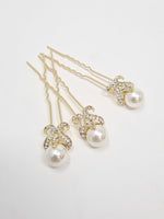 Gold Crystal Diamanté Pearl Studded Hair Pins 3pcs - Franklins