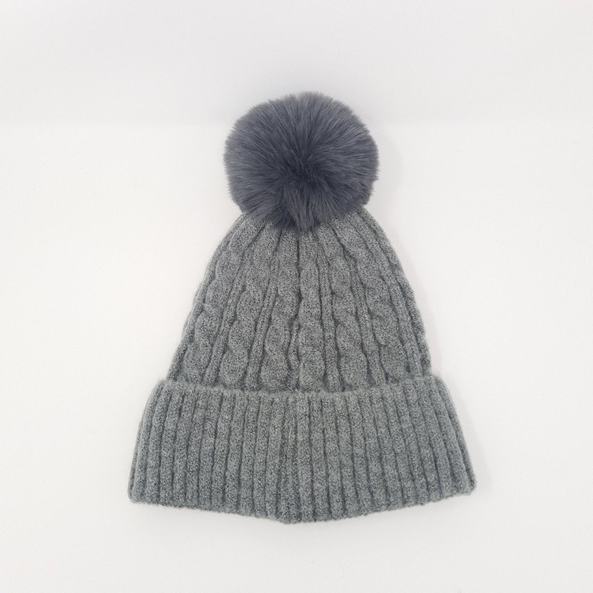 Grey Luxury Cable Knit Hat with Faux Fur Pom-Pom - Franklins