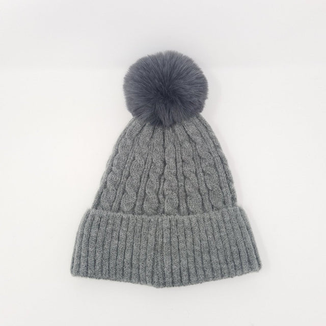 Grey Luxury Cable Knit Hat with Faux Fur Pom-Pom - Franklins