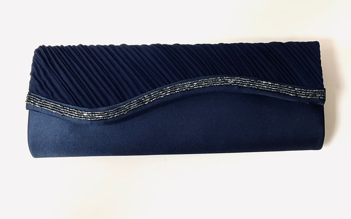 Navy Blue Satin Bead Trim Clutch Bag