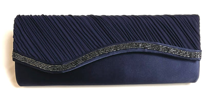 Navy Blue Satin Bead Trim Clutch Bag