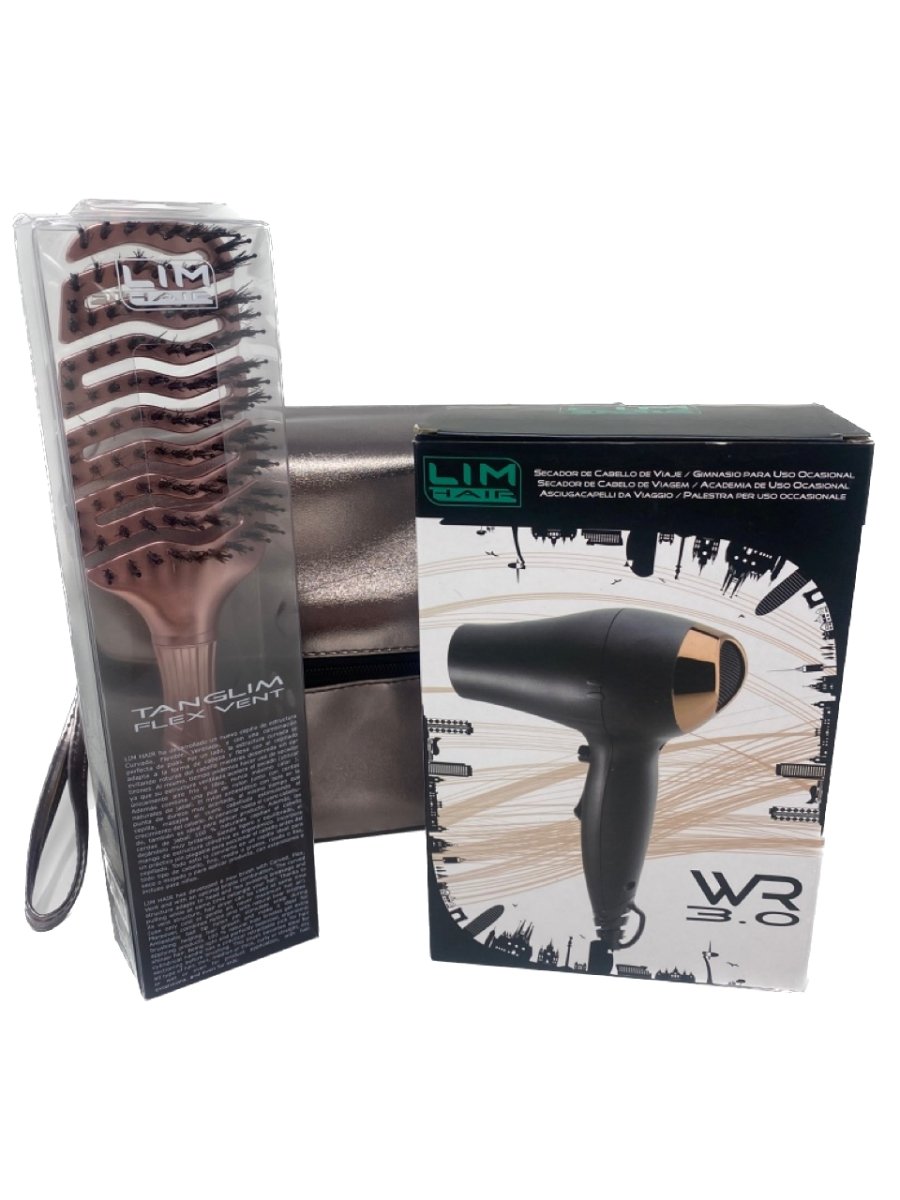 Lim Hair WR 3.0 Black Rose Gold Travel Hair Dryer & Brush Set - Franklins