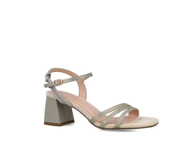 Menbur Gold Shimmer Block Heel Sandal Diamante Buckle - Franklins