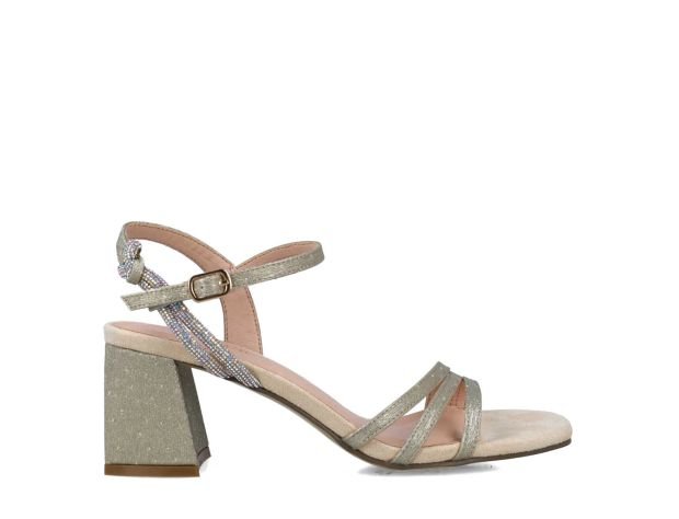 Menbur Gold Shimmer Block Heel Sandal Diamante Buckle - Franklins