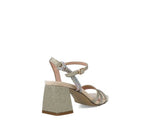 Menbur Gold Shimmer Block Heel Sandal Diamante Buckle - Franklins