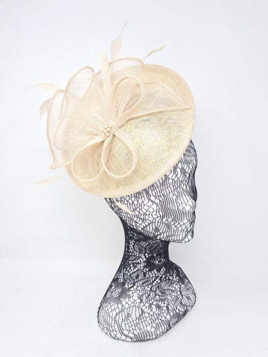 Metallic Champagne Feather & Bow Round Disc Fascinator - Franklins