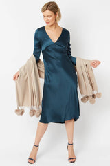 Mocha Cashmere Blend Wrap With Heart Pom Poms - Franklins