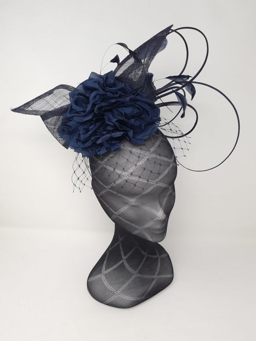 Navy Flower Feather And Net Pillbox Style Fascinator - Franklins