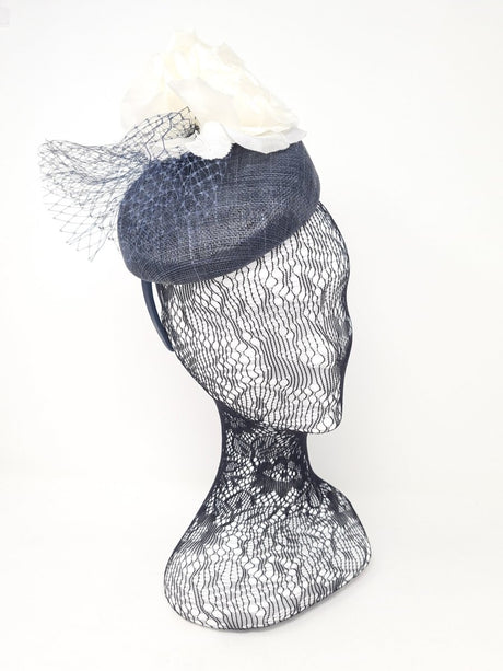 Navy Pillbox Fascinator With Ivory Flower - Franklins