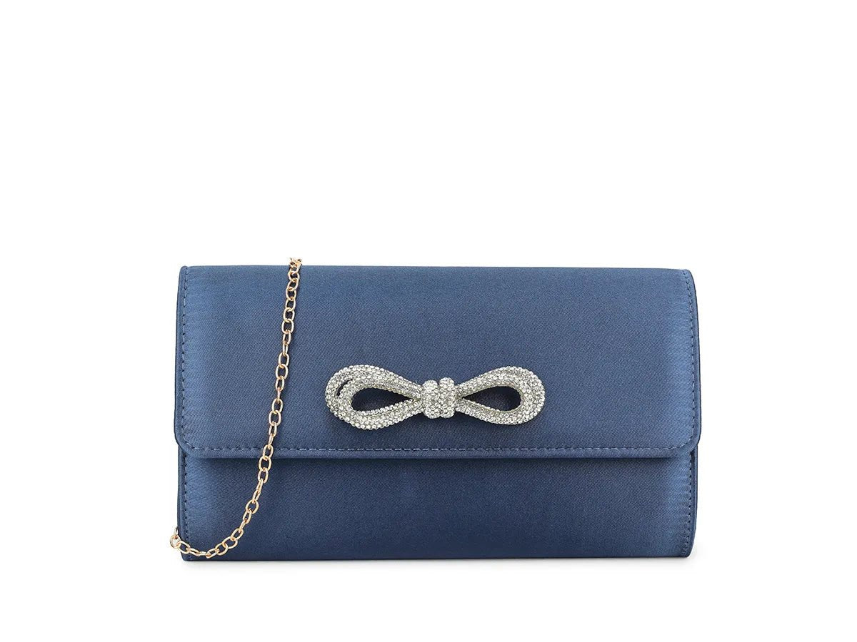 Navy Satin Crystal Bow Clutch Bag - Franklins