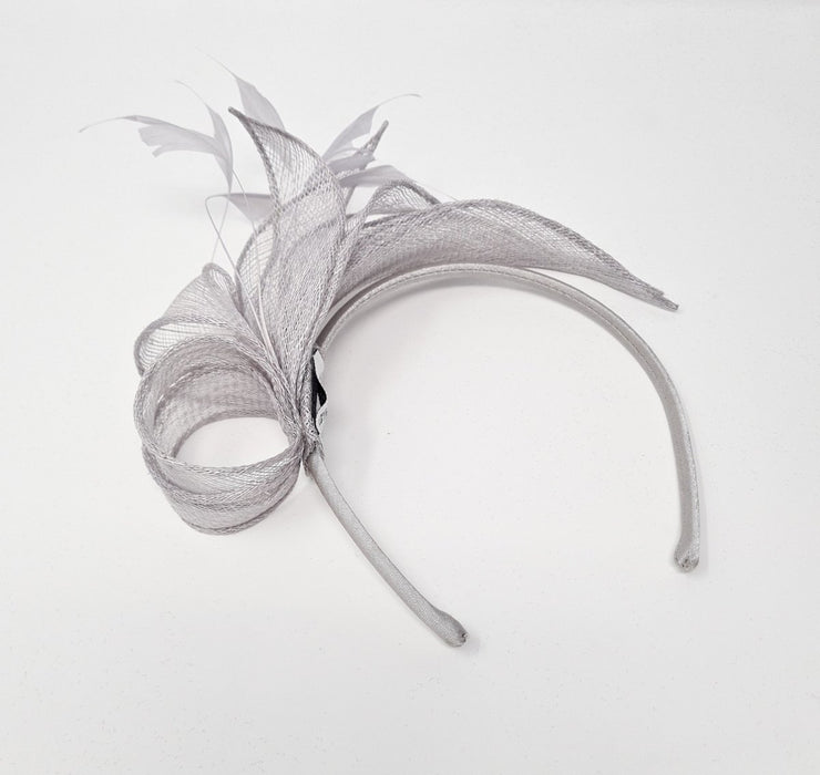 Pearl Silver Grey Sinamay Loop & Feather Hairband Fascinator - Franklins