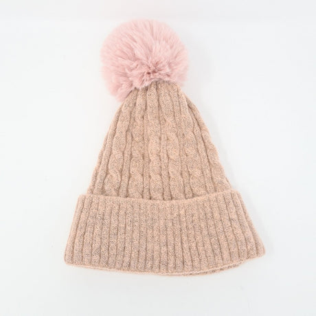 Pink Luxury Cable Knit Hat with Faux Fur Pom-Pom - Franklins