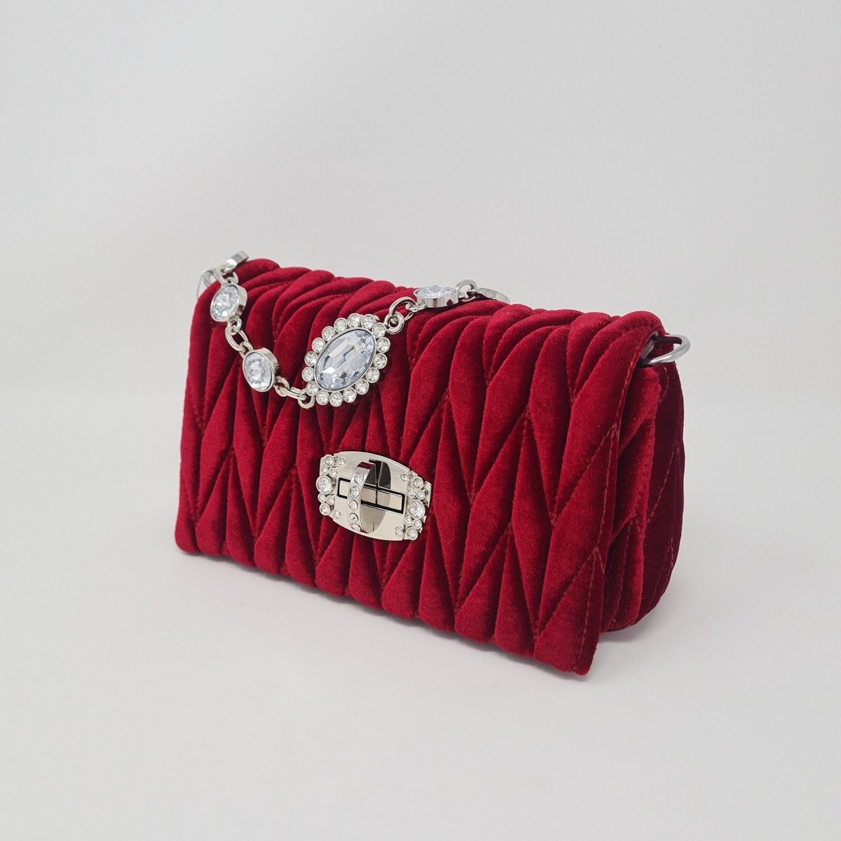 Red Velvet & Diamante Quilted Handbag - Franklins