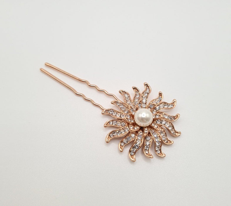 Rose Gold Crystal Diamanté Floral Hair Pin - Franklins