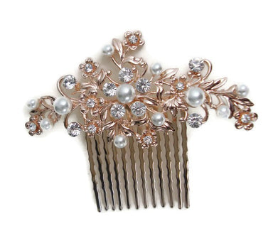 Rose Gold Crystal & Pearl Floral Hair Comb - Franklins